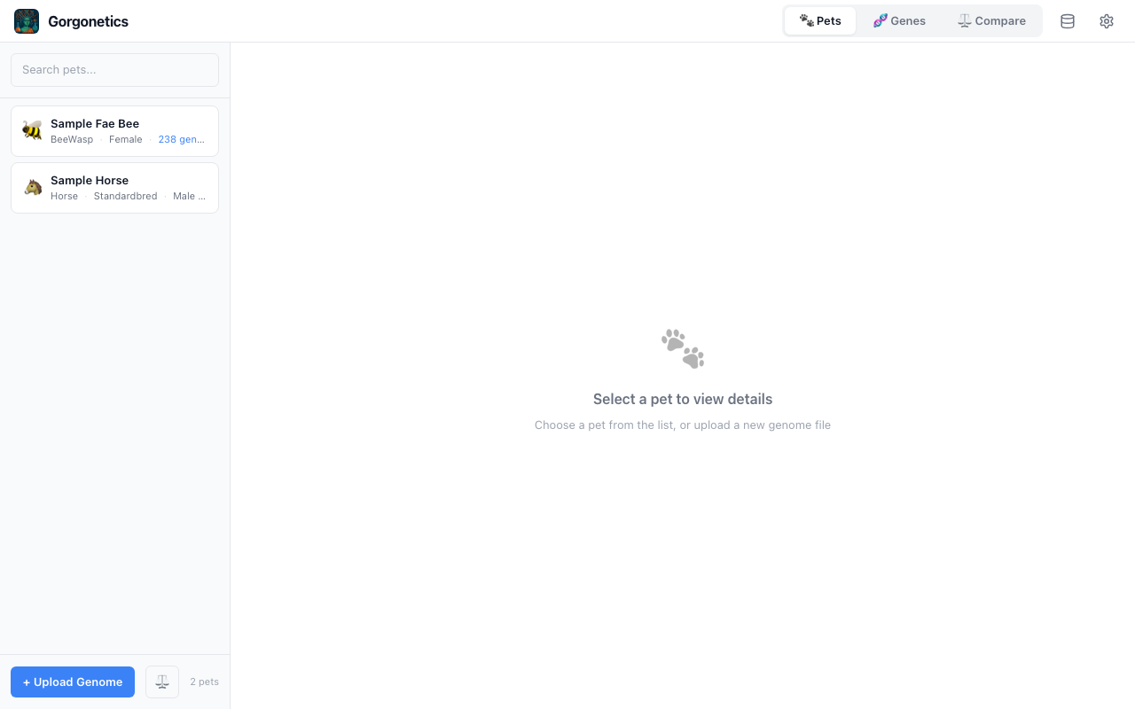 Gorgonetics on first launch showing demo pets in the sidebar