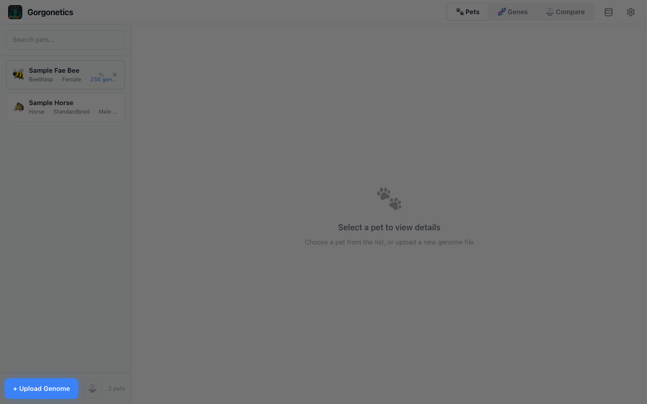 Upload Genome button highlighted at the bottom of the sidebar