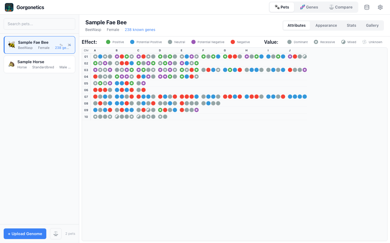 BeeWasp gene visualisation grid with colour-coded dots