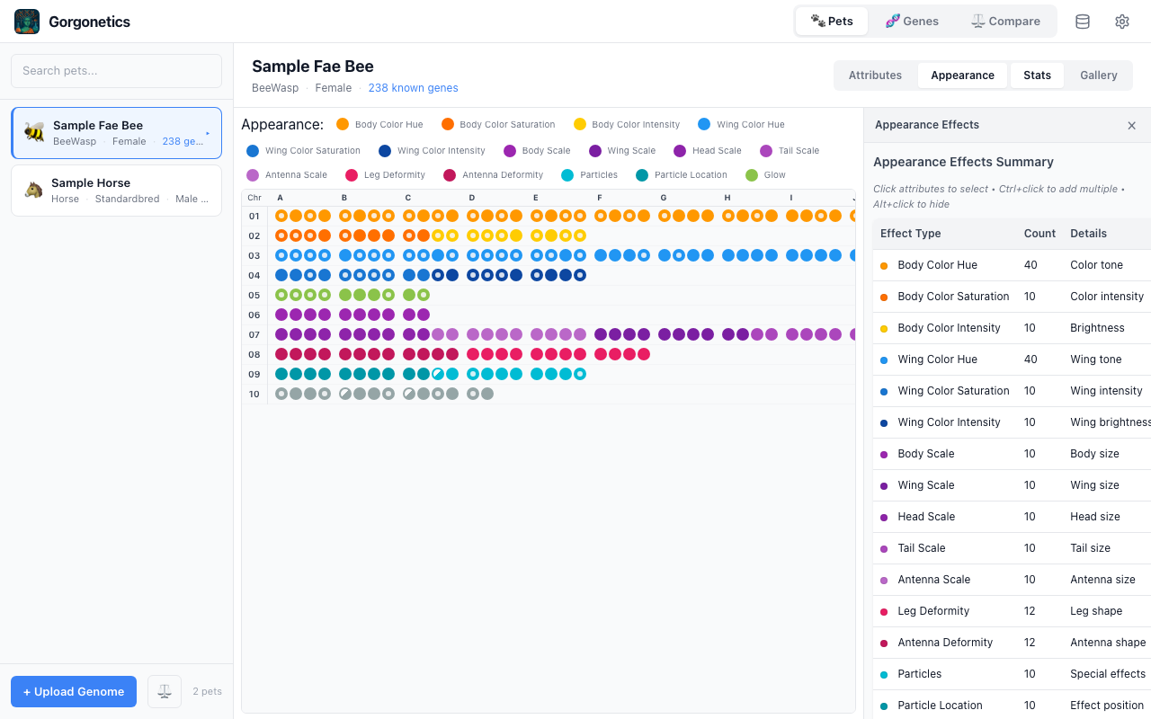 Appearance view showing colourful gene dots grouped by visual traits