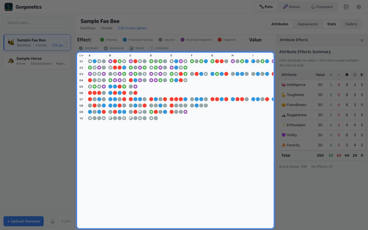 Stats panel showing attribute effect counts and breakdowns
