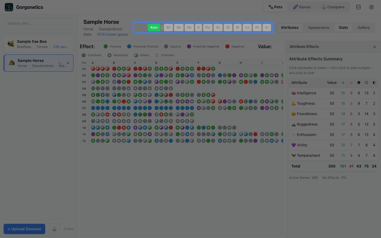 Horse gene grid with Auto breed filter active, breed bar highlighted showing green Auto button and greyed-out manual buttons