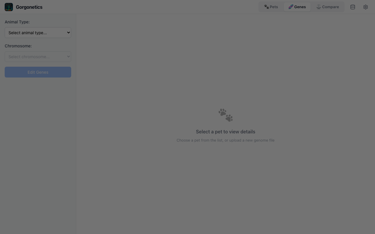Genes tab with animal type and chromosome dropdowns highlighted in the sidebar