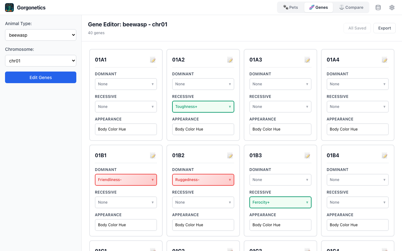 Gene editing table showing dominant and recessive effect dropdowns for each gene