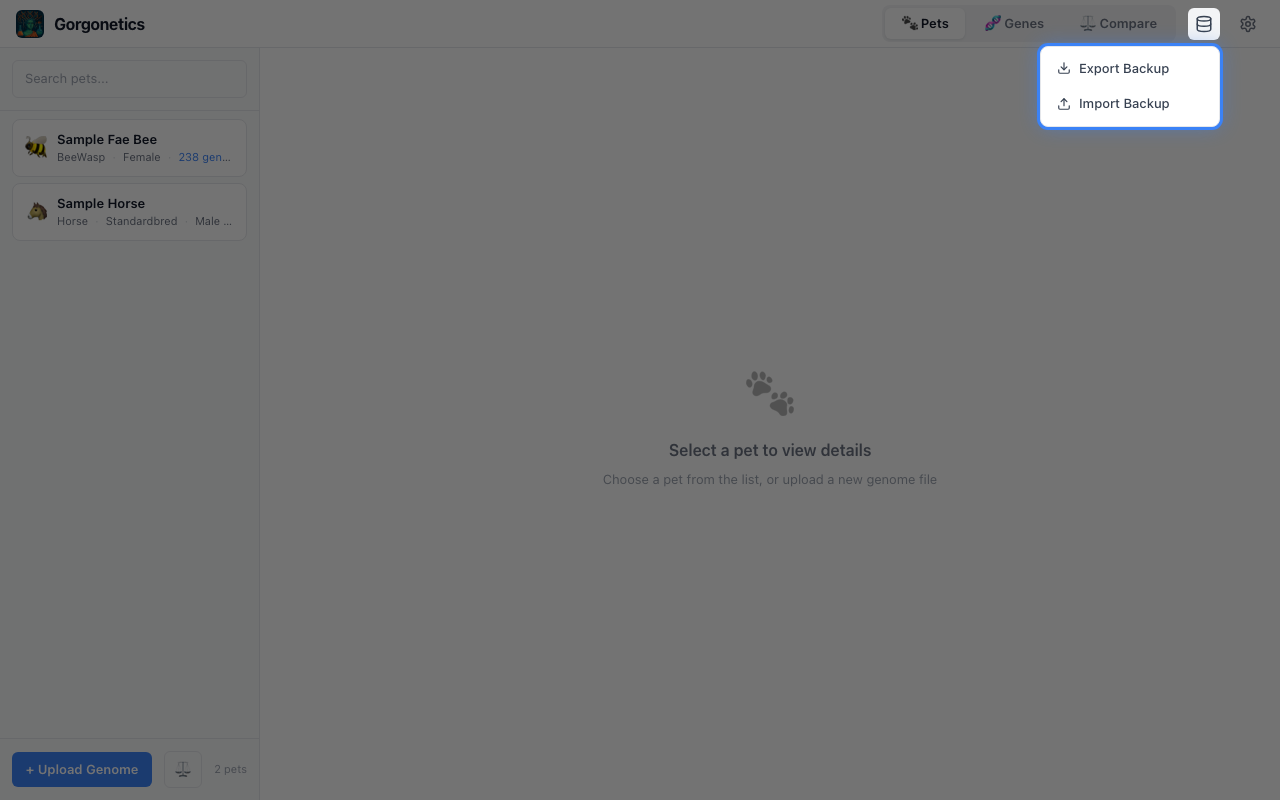 Data management dropdown showing Export Backup and Import Backup options