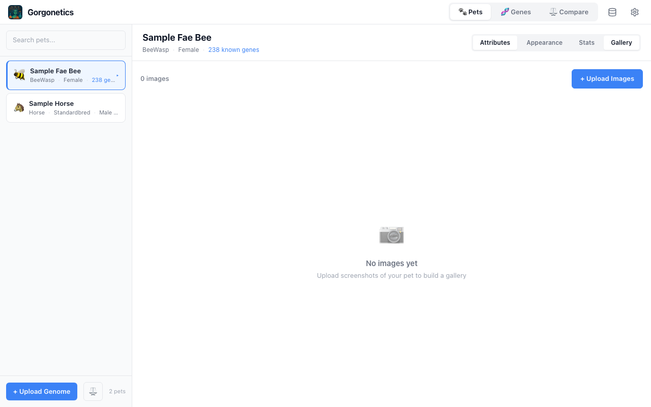Pet image gallery showing the empty state with Upload Images button