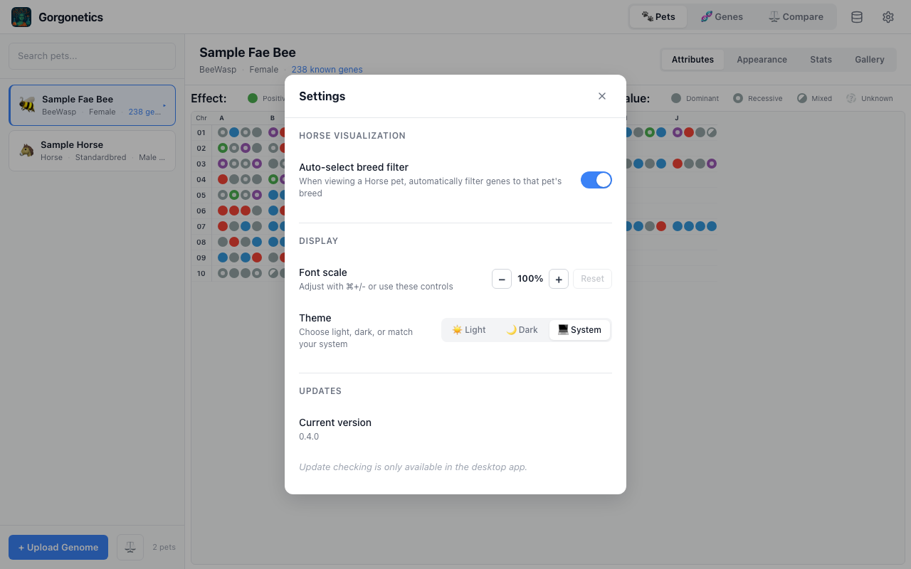 Settings modal showing Horse visualisation and update options