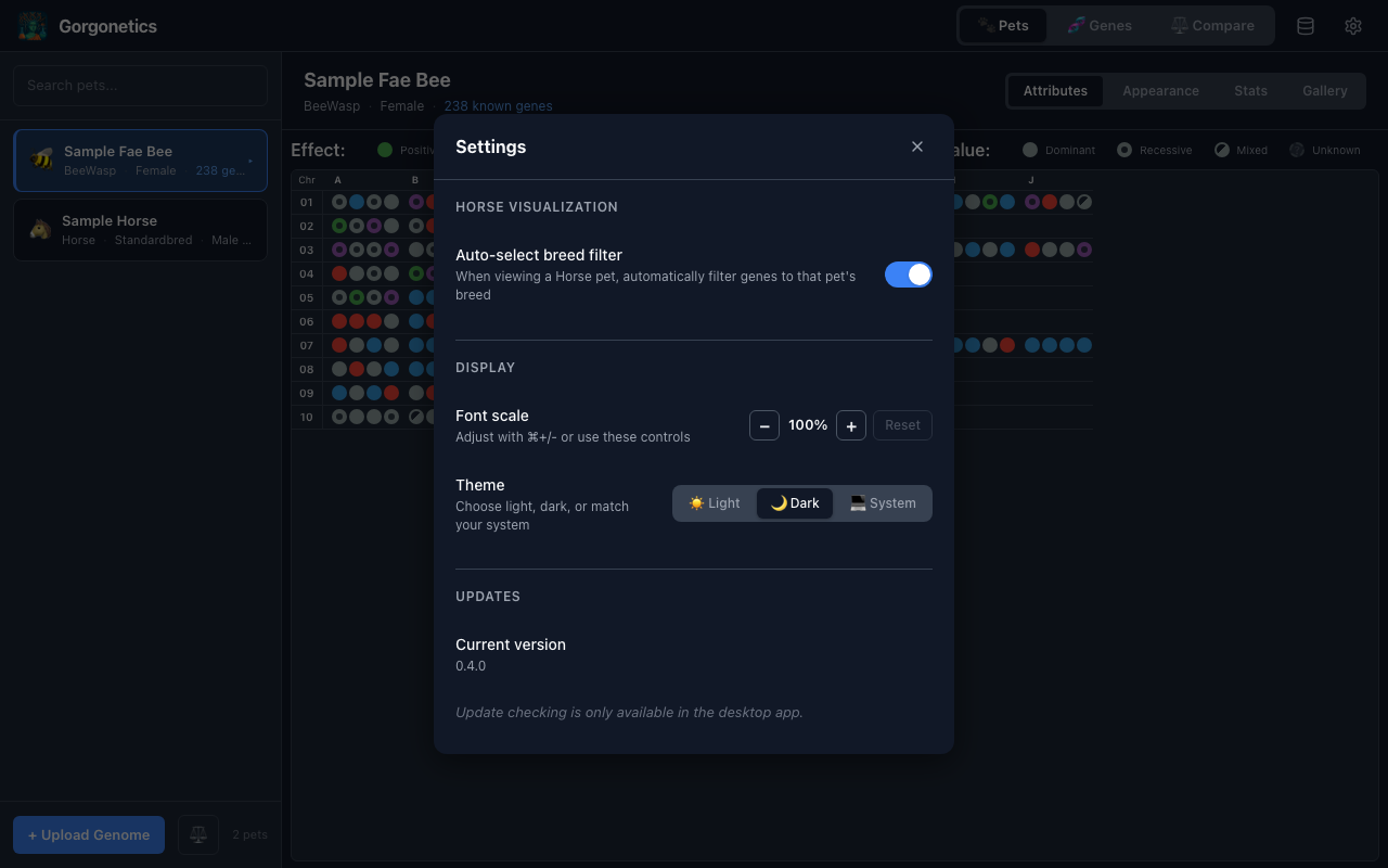 Settings modal showing theme toggle with Dark mode selected and font scale controls