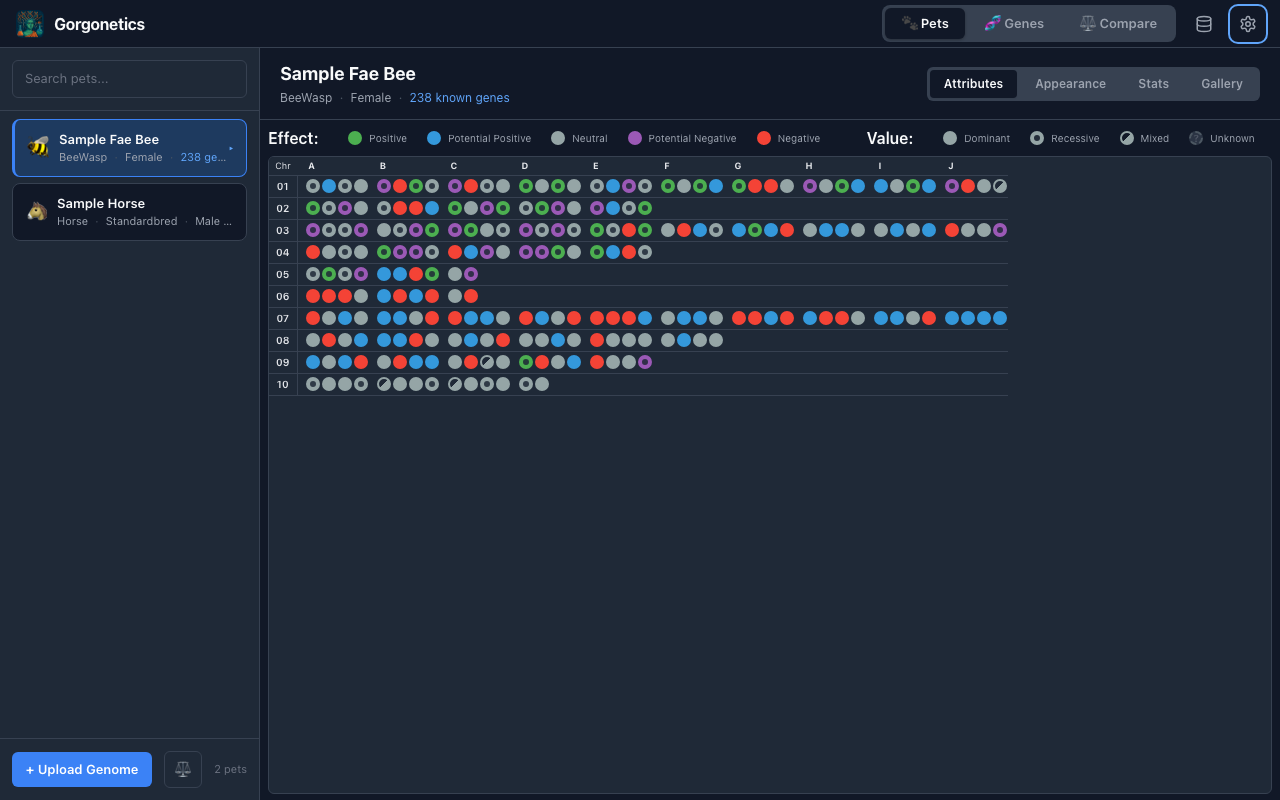 Gorgonetics in dark mode showing the pet list