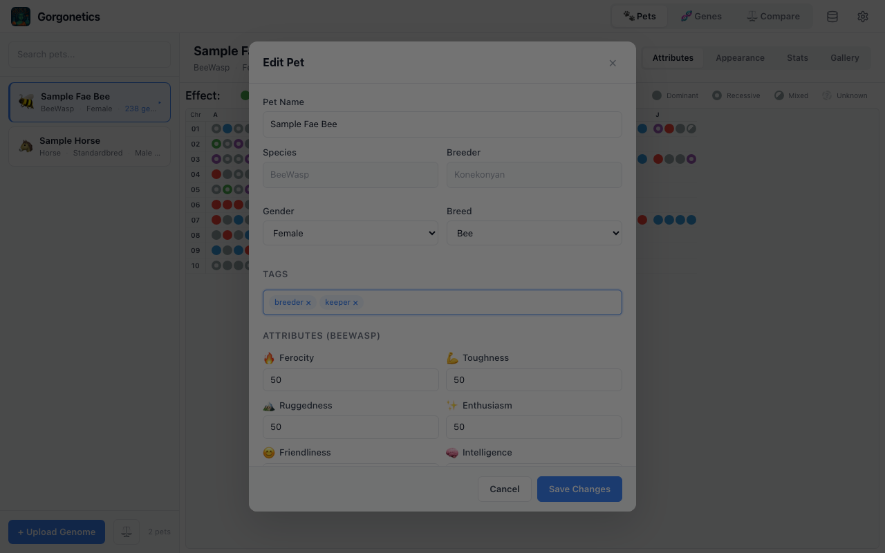 Pet editor showing the Tags section with tag input and autocomplete