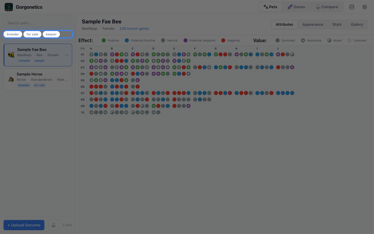 Pet list showing tag filter buttons above the search bar